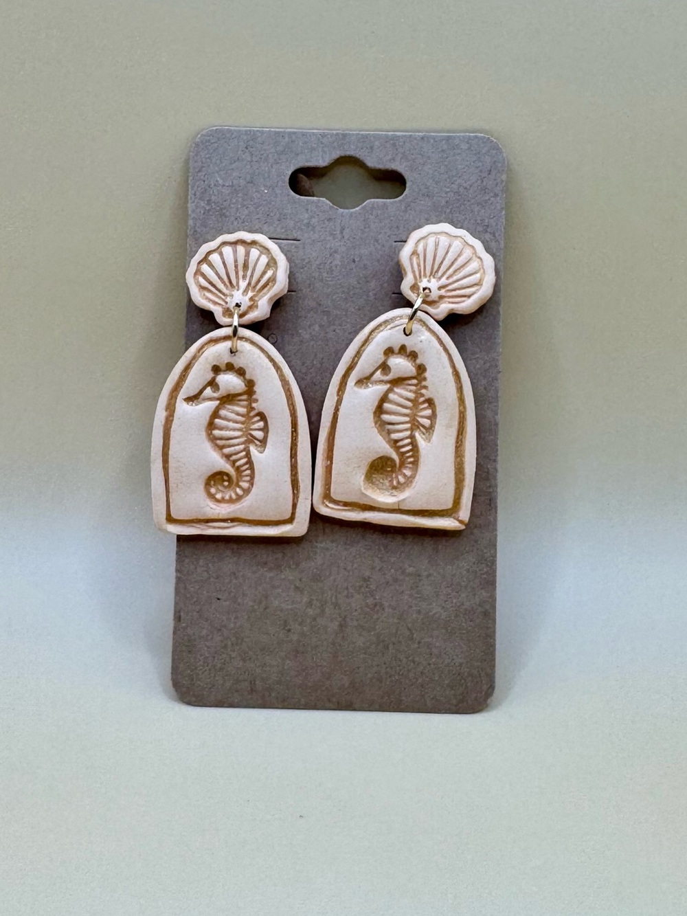 Handcrafted White & Gold Seahorse Drop Earrings
